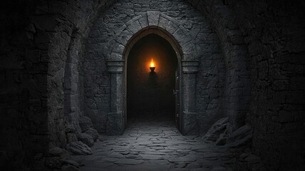 A dimly lit stone corridor leads to an archway, illuminated by a flickering torch, evoking a sense of mystery and intrigue.