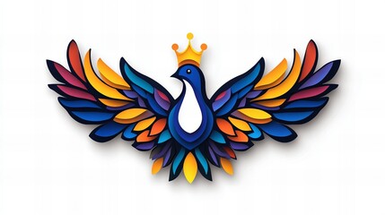 Obraz premium Majestic colorful bird with a golden crown, vibrant paper art style.