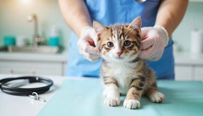 Veterinarian examining calm kitten at clinic, healthcare compassion