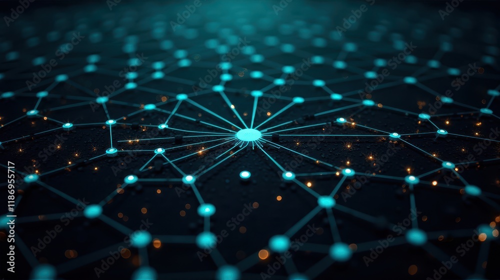 Poster abstract illustration of a digital network with points and lines forming a complex grid structure, s