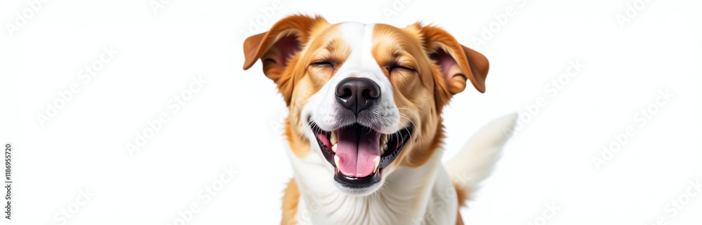 Poster A Happy Smiling Dog Is Isolated On A White Background With Closed Eyes In A Fun And Playful Portrait Image. 00003