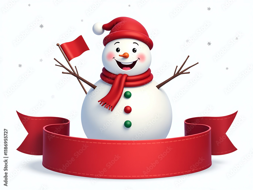 Poster A Happy Smiling Snowman Stands Above A Red Banner With A Flag Isolated On A White Background In Transparent Png Format. 00002