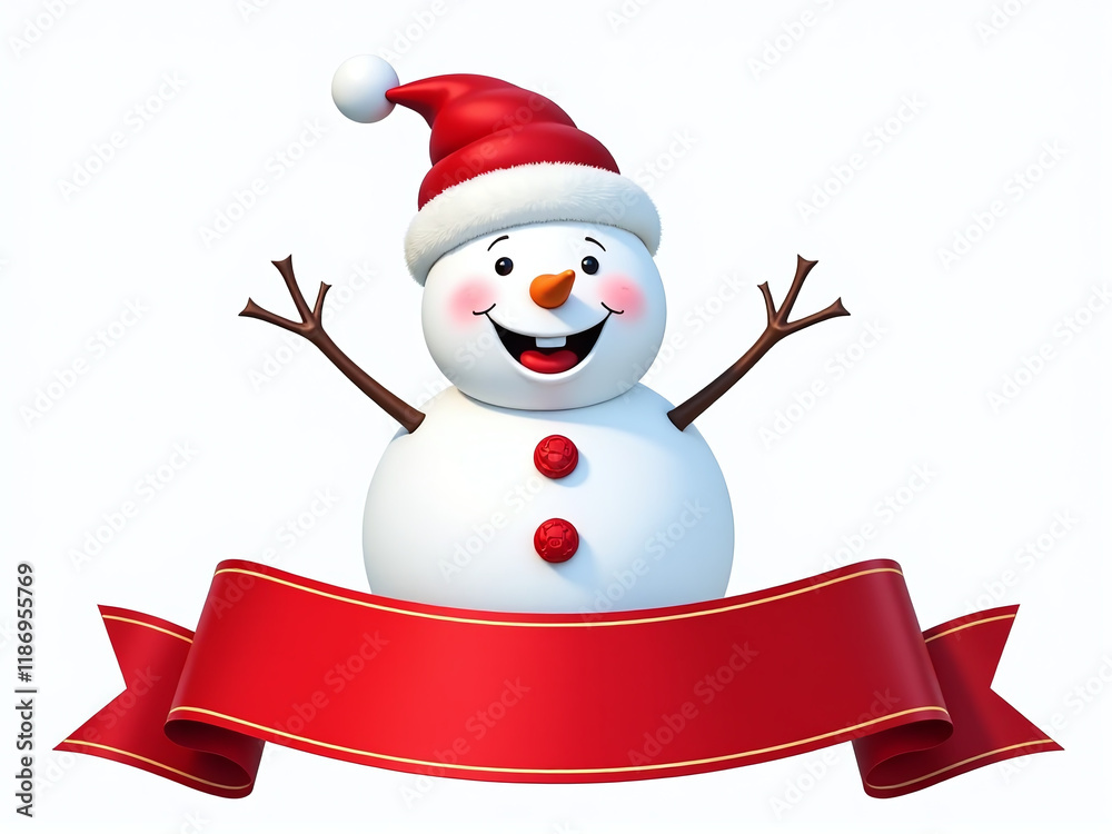 Aufkleber A Happy Smiling Snowman Stands Above A Red Banner With A Flag Isolated On A White Background In Transparent Png Format. 00001