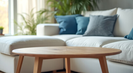 Fototapeta premium light oak wood round table front sectional sofa