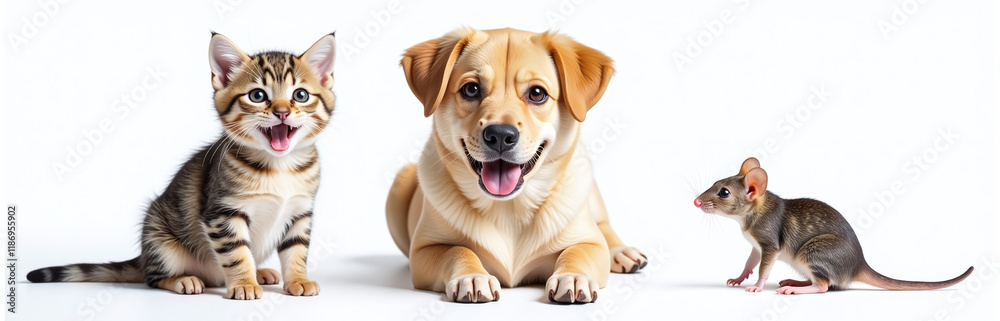 Poster A Happy Smiling Cat Dog And Mouse Are Isolated On A White Background In A Transparent Png Portrait. 00003