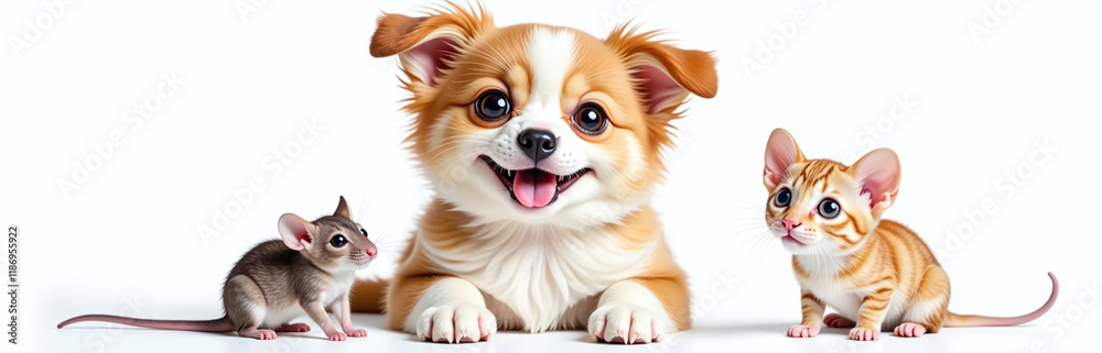 Poster A Happy Smiling Cat Dog And Mouse Are Isolated On A White Background In A Transparent Png Portrait. 00002