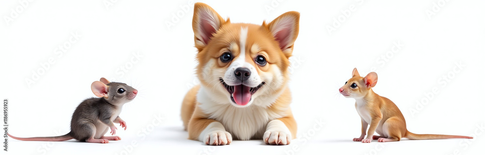 Poster A Happy Smiling Cat Dog And Mouse Are Isolated On A White Background In A Transparent Png Portrait. 00001