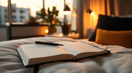 An elegant close-up of a journal with an ink pen on an inviting bed, illuminated by warm evening light, inviting thoughts and reflections at dusk.