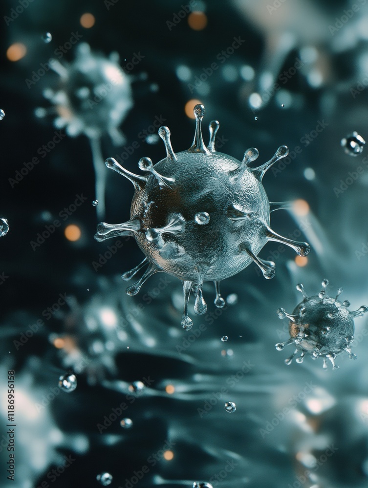 Poster viruses suspended in droplets of water showcasing unique details and structures under close examinat