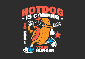 Hot Dog with sunglasses character in running pose, black background