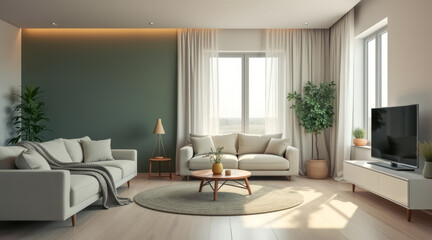 serene modern living room with two light beige sofas green accent wall