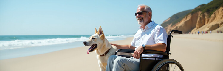 A Happy Man Sits In His Wheelchair With His Loyal Dog By His Side On A Sunny Beach Outside. 00001