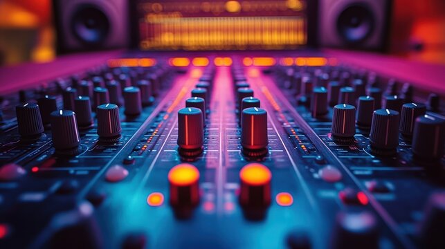 Close-up of audio mixing console with knobs and faders in recording studio.