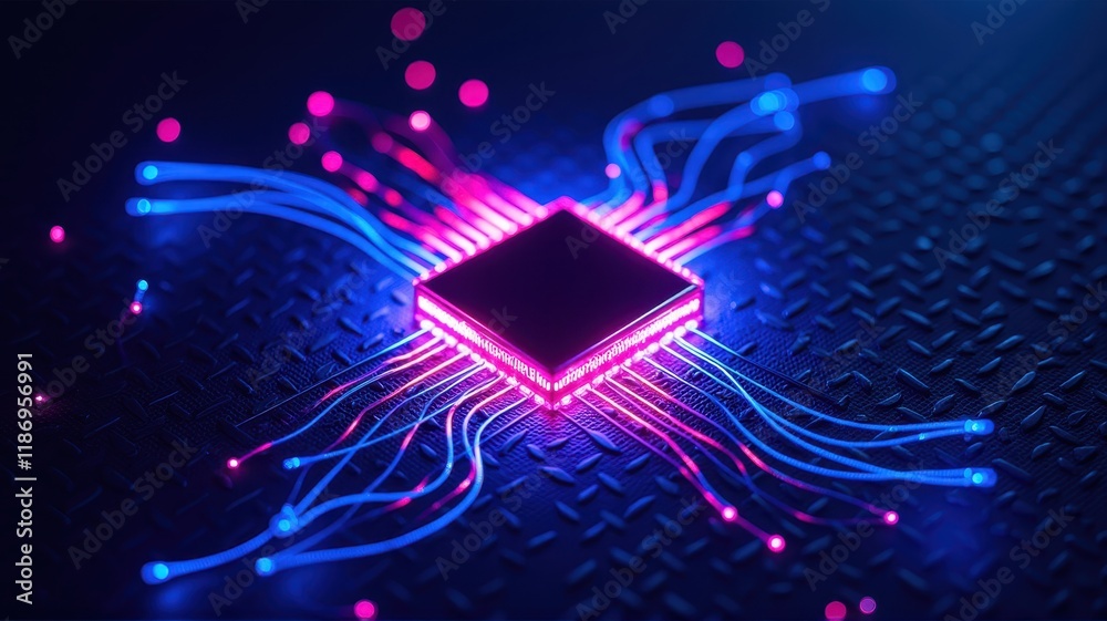 Poster abstract glowing microchip in the center of illuminated wires against a dark textured background, sh