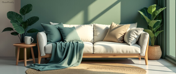 sunlit living room with cream sofa green accents