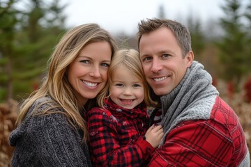 Fototapeta premium A joyful family enjoys a winter outing, happily embracing the season while posing together in a beautiful snowy landscape, showcasing family love and outdoor adventure.