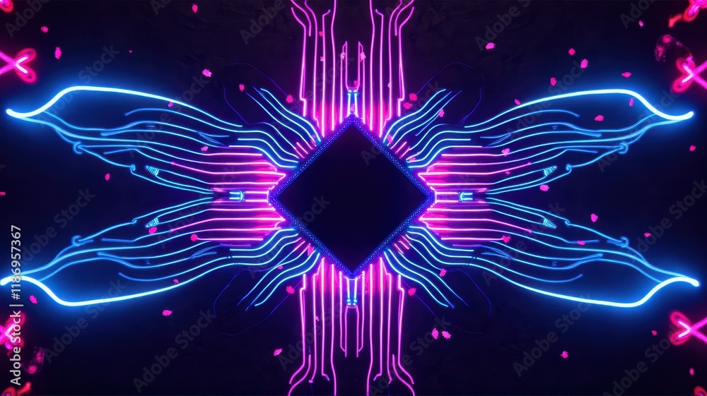 Poster glowing abstract light design with centered geometric shape and neon colors creating a futuristic di
