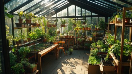 Naklejka premium A stunning greenhouse alive with greenery, showcasing an array of flourishing plants, ideal for gardening enthusiasts and those passionate about nature.