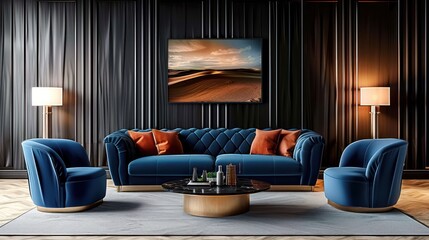 Art Deco Blue Sofa and Armchair Against Black Paneling Wall in Modern Living Room Interior Design