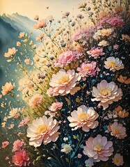 工芸的なディテール, 対称構成, 立体的デザイン, 花のアート, ゴールドテクスチャ, テキスタイル装飾, 青い花, ゴールドフレーム, バロックデザイン, クラシックなインスピレーション, 芸術的装飾.