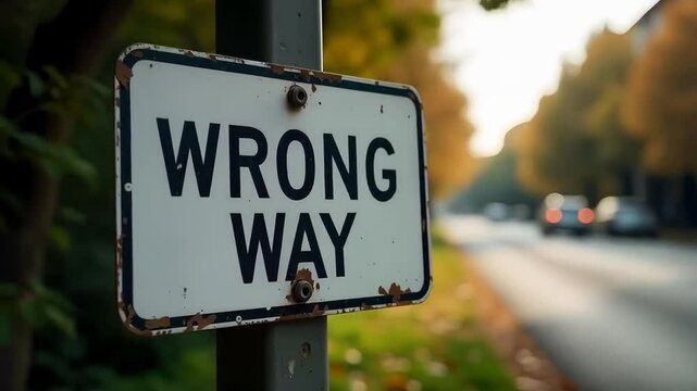 Wrong way road sign, concept of a person being uncertain and lost in direction