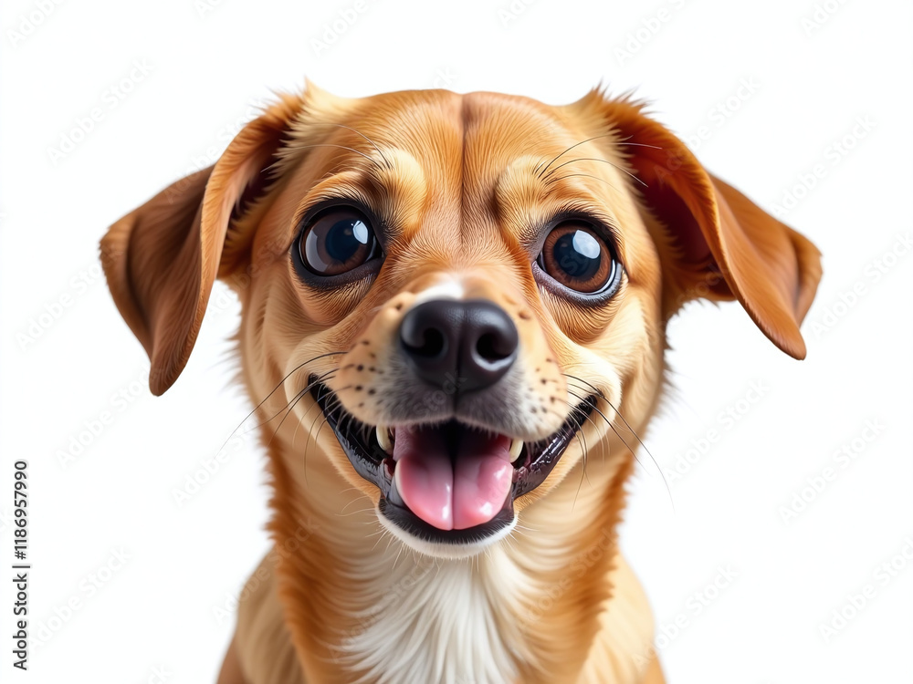 Poster a happy dog with huge eyes is isolated on a white background in a transparent png image format. 0000