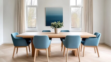 Modern Scandinavian Dining Room with Blue Chairs and Wooden Table by Window