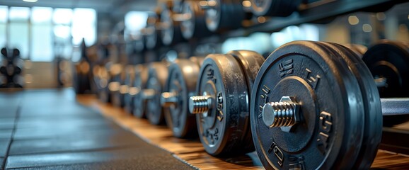 Fototapeta premium Close-up of dumbbells in a gym. Rows of various weights are lined up, ready for a workout.