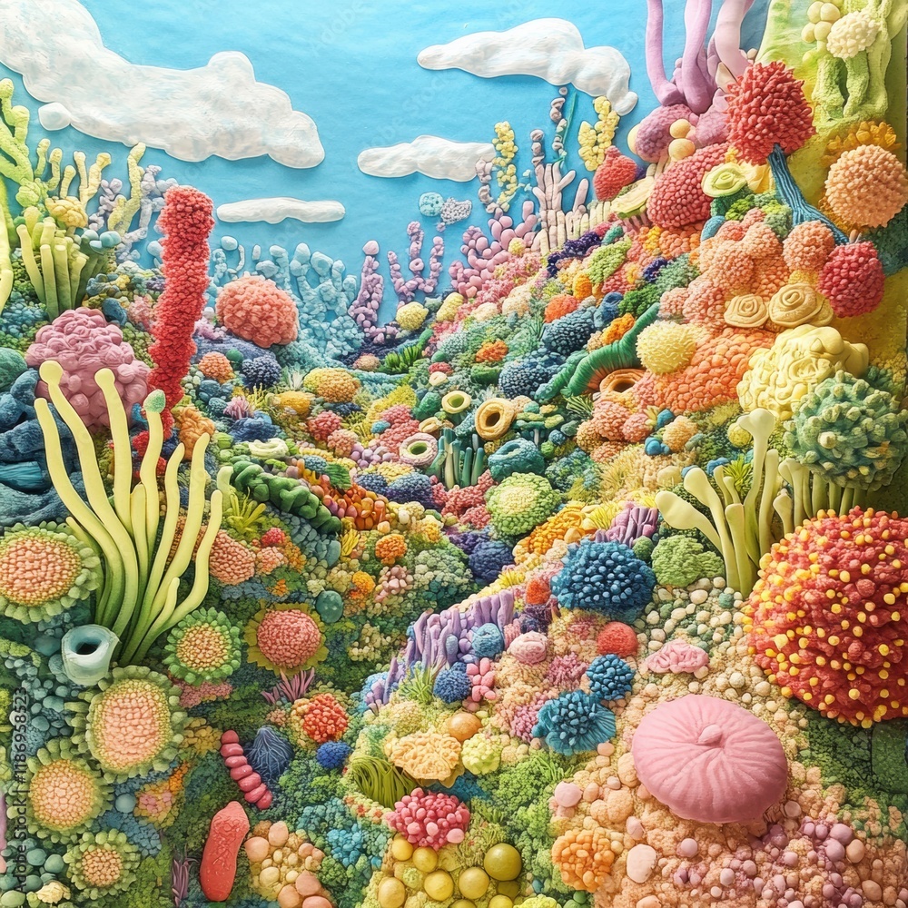 Poster Colorful landscape of bacteria forms and textures under a bright sky filled with clouds. Generative AI