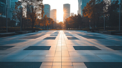 polished city square featuring symmetrical patterns and sunset light