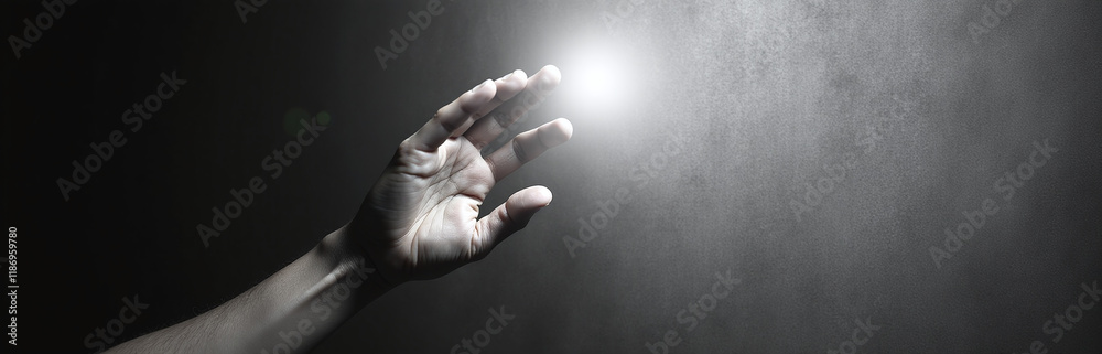 Aufkleber A Hand Reaches For A Soft Focus Light Source Against A Textured Black And White Background With Ample Copy Space Available. 00003