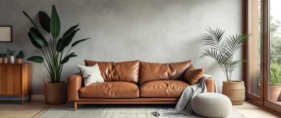brown leather couch a minimalist living room setting