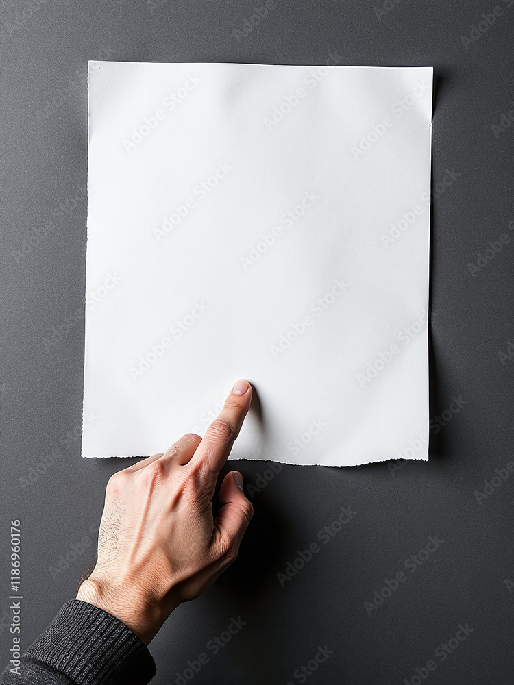 Poster a hand points at a black and white sign on a textured paper background with abundant copy space avai