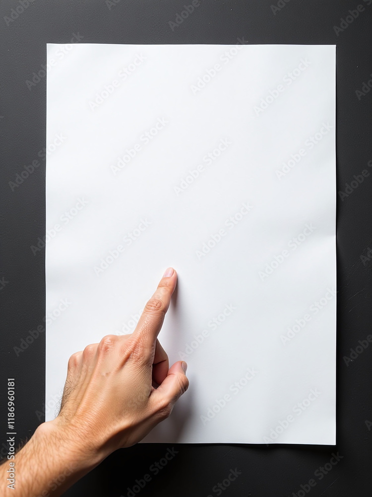Poster a hand points at a black and white sign on a textured paper background with abundant copy space avai