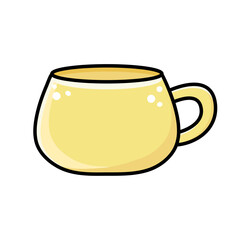 Cute vector coffee cup, mug in flat style with kawaii emotions. Yellow cup with coffee drink isolated on white background