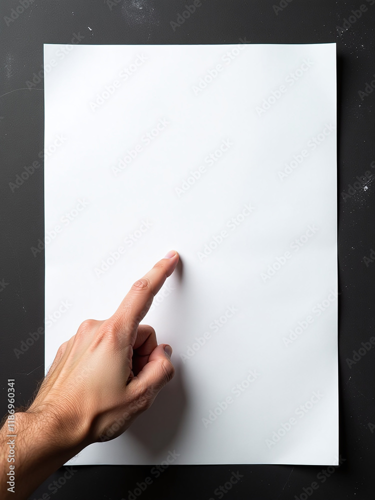 Poster a hand points at a black and white sign on a textured paper background with abundant copy space avai