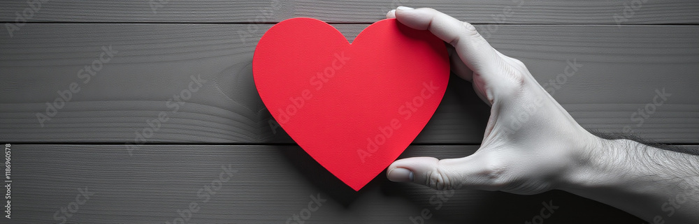 Poster a hand in black and white makes a gesture of protection above a red heart on a textured background. 
