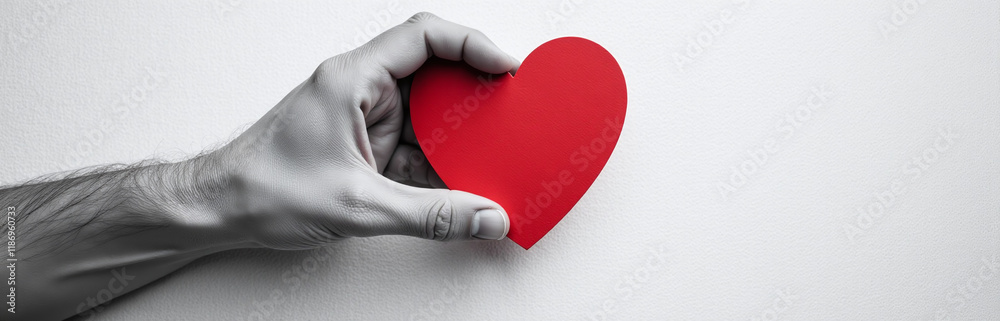 Poster a hand in black and white makes a gesture of protection above a red heart on a textured background. 