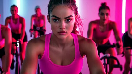 Young Caucasian women in a neon-lit spin class showcase fitness and motivation, perfect for New Year's resolutions