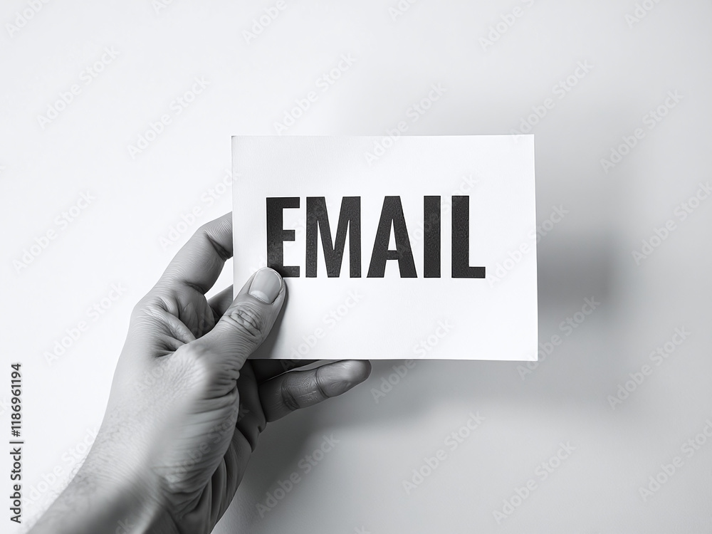 Aufkleber a hand holds an email sign on a textured paper background with copy space available in black and whi