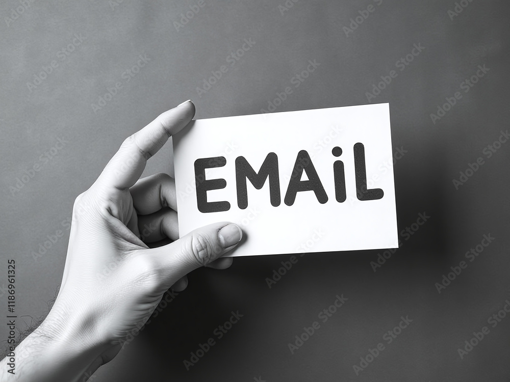 Poster a hand holds an email sign on a textured paper background with copy space available in black and whi