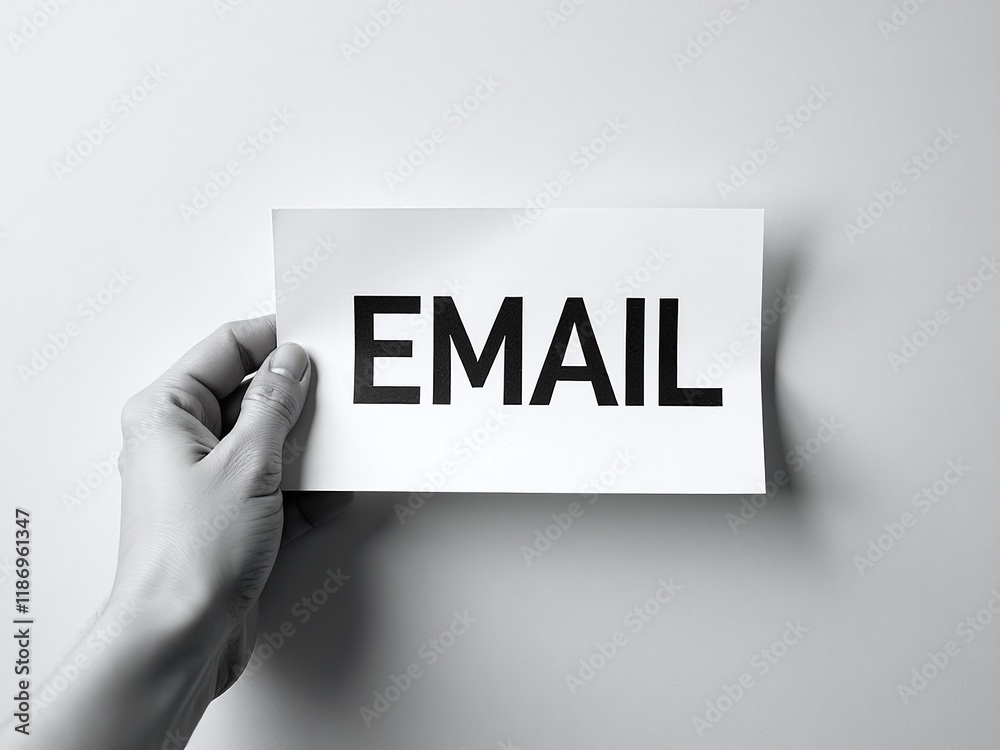 Aufkleber a hand holds an email sign on a textured paper background with copy space available in black and whi