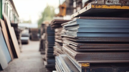 Metal sheets stacked in a warehouse of a metal processing plant, highlighting various stages of processing and storage within the dynamic metal industry and manufacturing sector