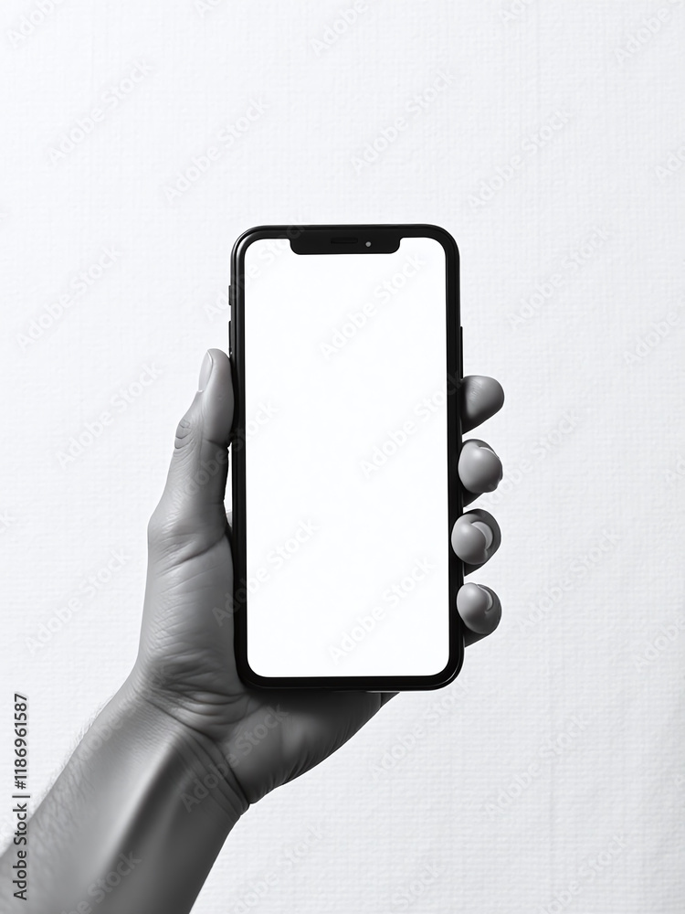 Poster a hand holds a mobile phone in black and white on textured paper background with copy space for text