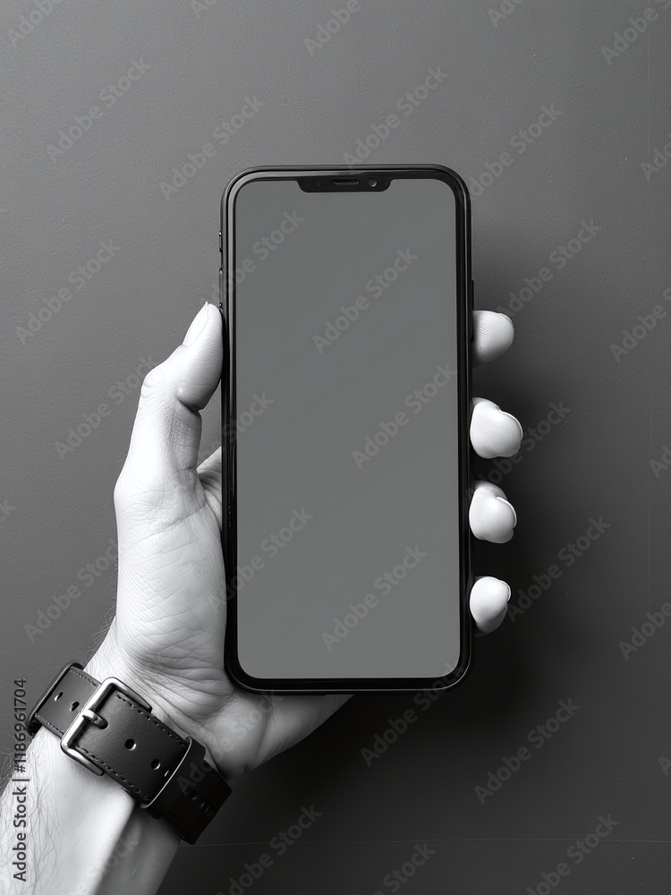 Poster A Hand Holds A Mobile Phone In Black And White On Textured Paper Background With Copy Space For Text Overlay. 00001