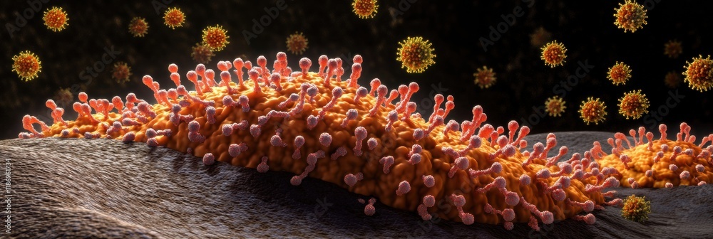 Poster Detailed 3D visualization of virus structure displaying capsid spikes and RNA strands with glowing molecular details. Generative AI