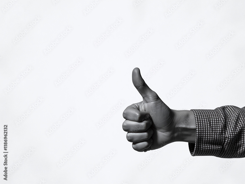 Poster a hand gives a thumbs up with a good sign in black and white on a textured paper background, copy sp