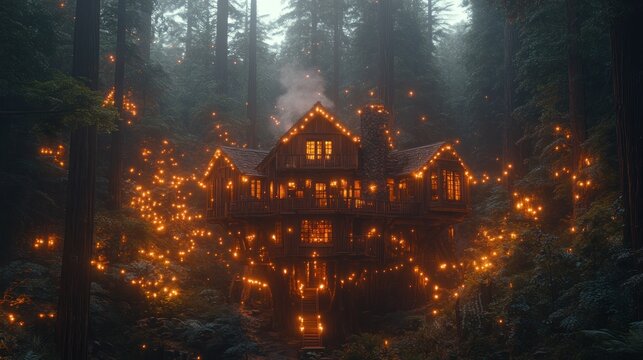 Enchanting cabin nestled in foggy redwood forest, surrounded by glowing lights.