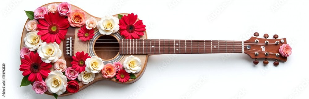Poster a guitar made entirely out of flowers is isolated on a plain white background with plenty of empty s
