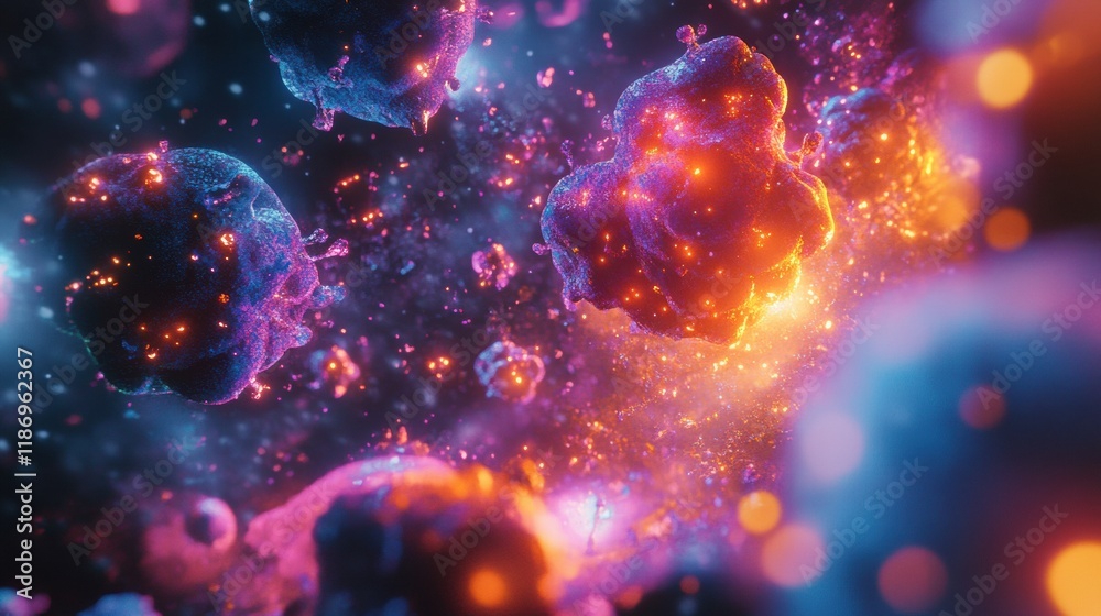 Fototapete Glowing cancer cells with vibrant edges in a dynamic microscopic environment. Generative AI